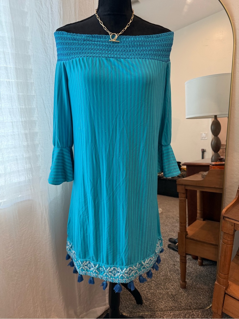 Cabana Life Turquoise Off-Shoulder Tassel Hem Long Sleeve Dress